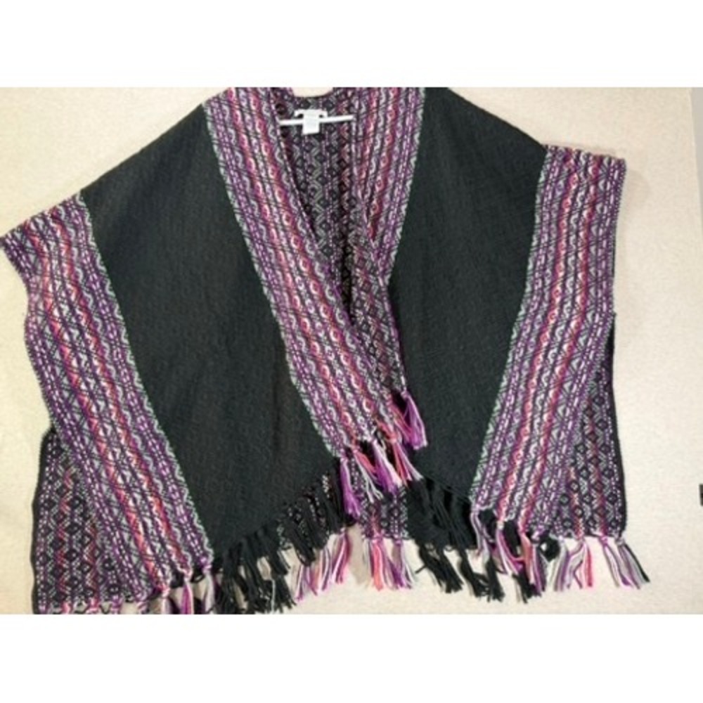 Rebecca Minkoff‎ Poncho Women OS Black Purple Geometric Fringe Trim Wrap